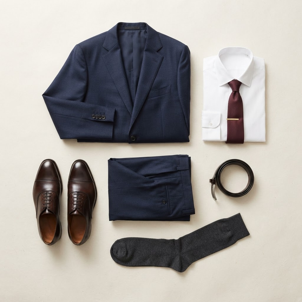 A complete professional interview outfit laid out flat: navy suit, white shirt, burgundy tie, leather belt, brown oxford shoes and dress socks.